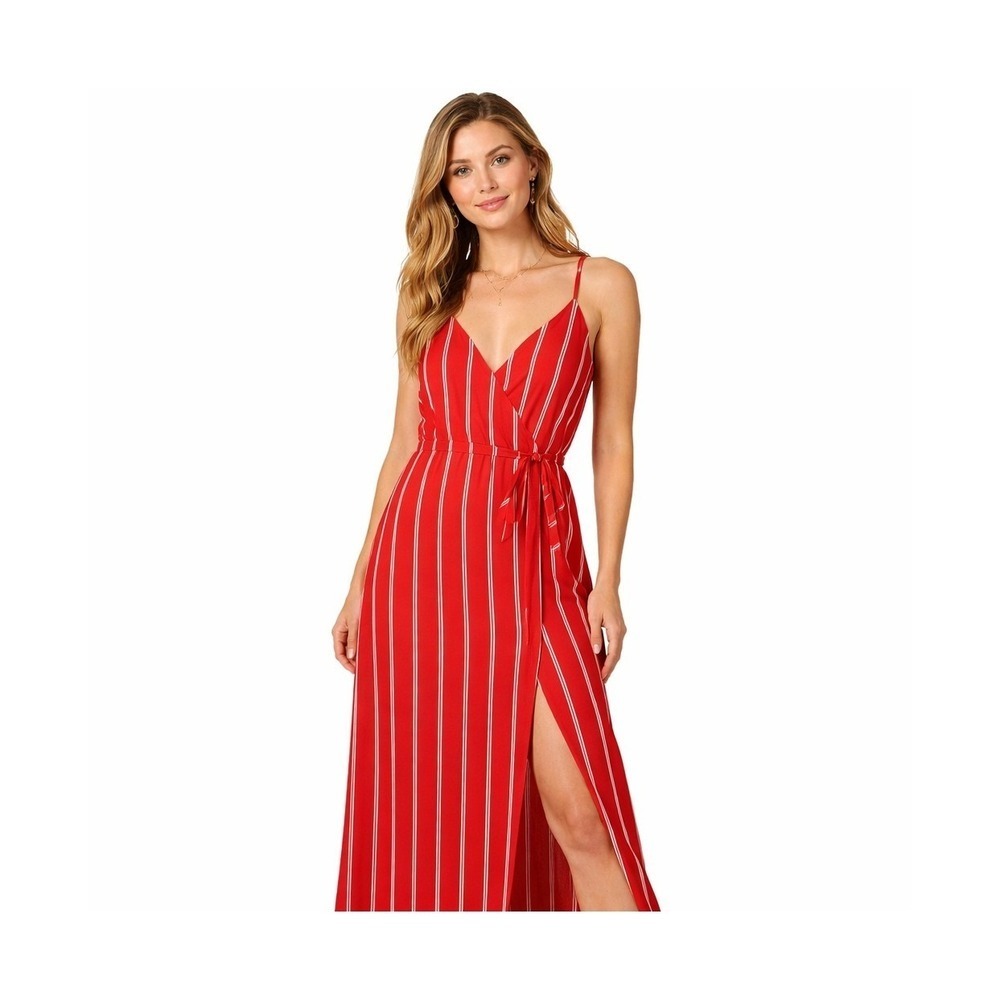 Wayf Long Adjustable Red Striped Wrap Dress Size Medium